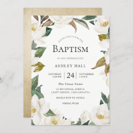 Convites Batismo Elegante de Flores Brancas Douradas