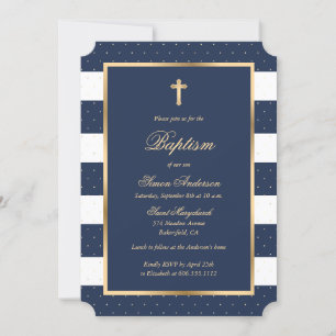 Convites Batismo Elegante de Menino Dourado Azul