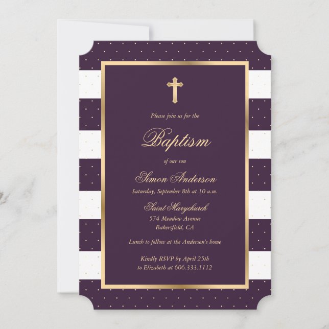 Convites Batismo Elegante De Menino Dourado Roxo (Frente)