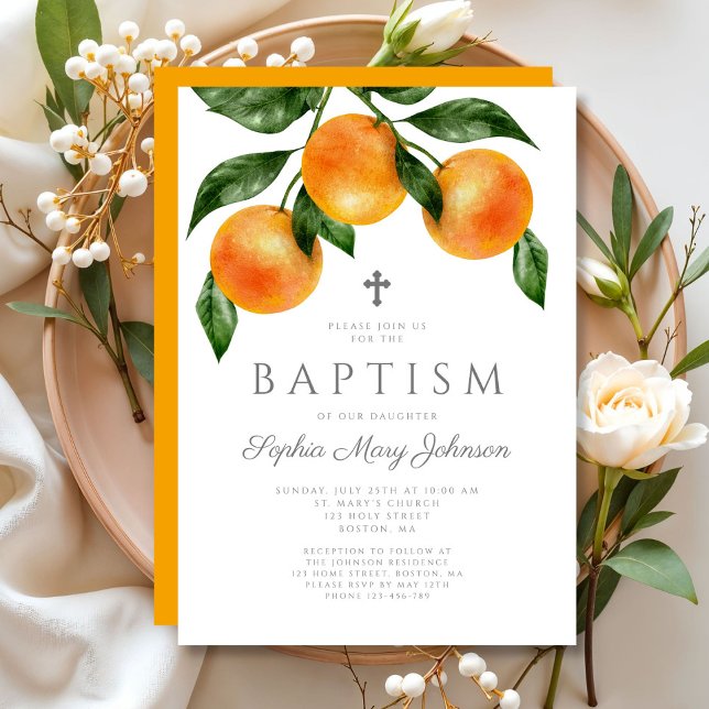 Convites Batismo Elegante De Rapariga (Elegant Oranges Girl Baptism Invitation)