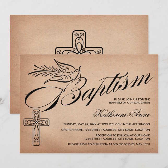 Convites Batismo elegante do Roteiro Vintage (Frente/Verso)