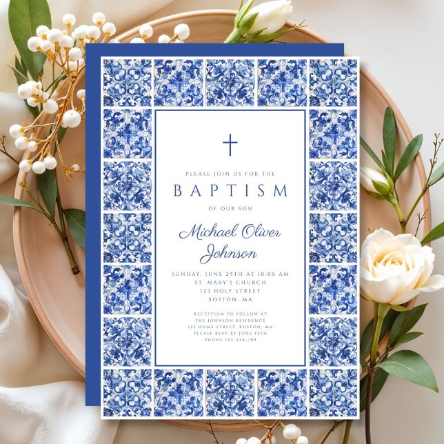 Convites Batismo Elegante dos Azulejos do Mediterrâneo (Elegant Mediterranean Tiles Boy Baptism Invitation)