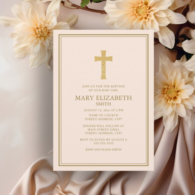 Convites Batismo Elegante Dourado Cruzada Rosa Menininha (Elegant cream-colored baptism invitation)