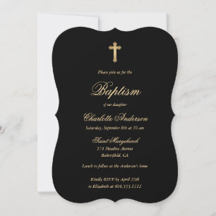 Convites Batismo Elegante Dourado Cruzado Preto
