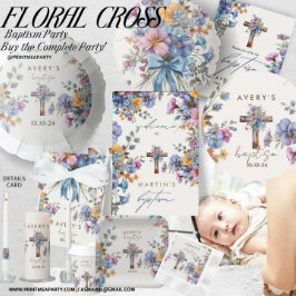 Convites Batismo elegante e moderno cruz azul-aquarela