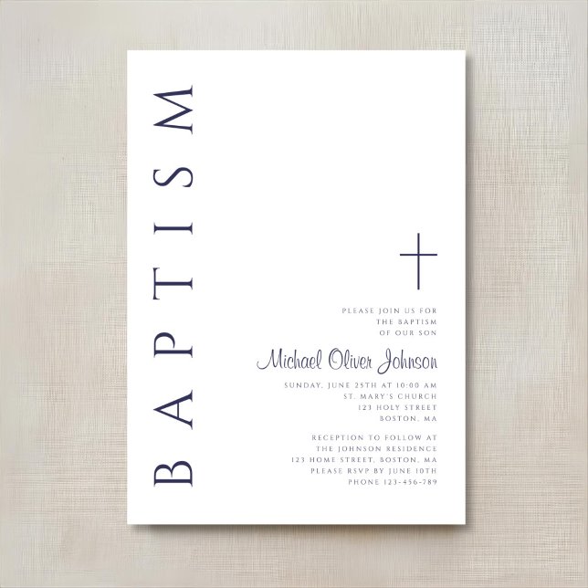 Convites Batismo Elegante em Azul Marinho com Letra Script (Elegant Navy Blue Script Baptism Invitation)