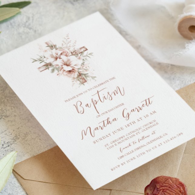 Convites Batismo Elegante Entre A Cruz E A Flor Rosa (Criador carregado)