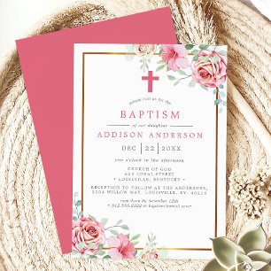 Convites Batismo Elegante Floral Rosa e Dourado com Cruz