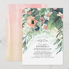 Convites Batismo Elegante Floral Rosa Pêssego e Pincelado