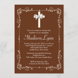 Convites Batismo Elegante Marrom  Christening Elegant Cross