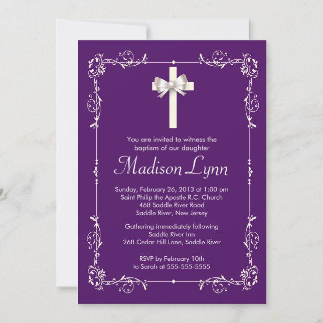 Convites Batismo Elegante Roxo| Christening Elegant Cross (Frente)