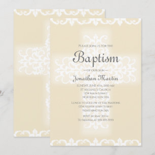 Convites Batismo Elegante White Beige Damask Cruz Cristã