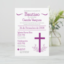 Convites Batismo em espanhol Cruz e Folhas Cute Bautizo