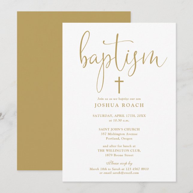 Convites Batismo em Grafia Dourada Moderna e Elegante (Frente/Verso)
