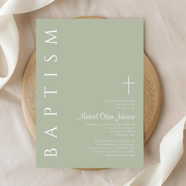 Convites Batismo em Verde Sage de Letra Moderna e Elegante (Modern Elegant Script Sage Green Baptism Invitation)