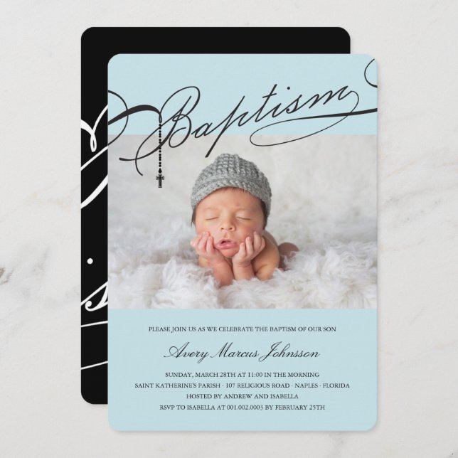 Convites Batismo Escriturado Foto Religiosa de Rosary Cross (Frente/Verso)