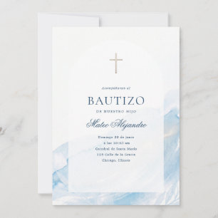 Convites Batismo Espanhol Cruz Arco Aquarela Azul
