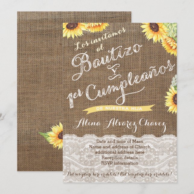 Convites Batismo Espanhol e Primeiro Aniversário para a Lat (Frente/Verso)