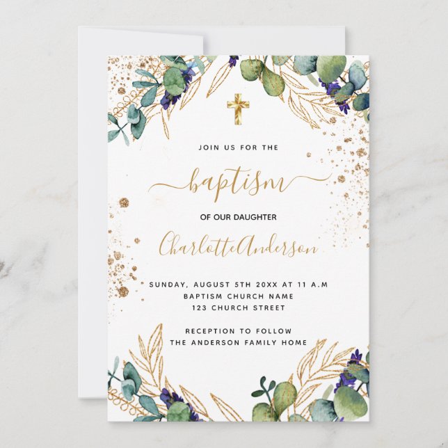 Convites Batismo eucalipto verde dourado (Frente)