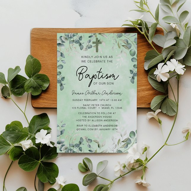 Convites Batismo Eucalyptus Watercolor Greenerescência (Elegant Botanical Baptism Eucalyptus Watercolor Christening Greenery Invitation)