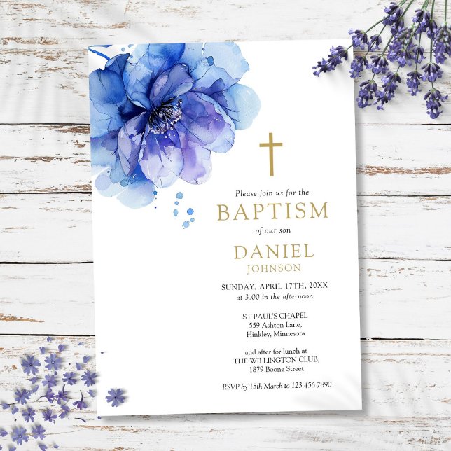 Convites Batismo Floral Aquarela Azul Empoeirado Moderno (Modern Dusty Blue Watercolor Floral Baptism Invitation)