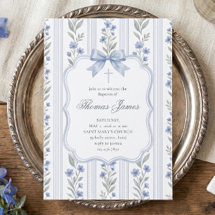 Convites Batismo Floral Azul Chinoiserie Laço Cruz