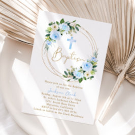 Convites Batismo Floral Azul Christening Dourado Frame