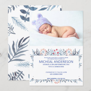 Convites Batismo Floral Azul de Foto Personalizado