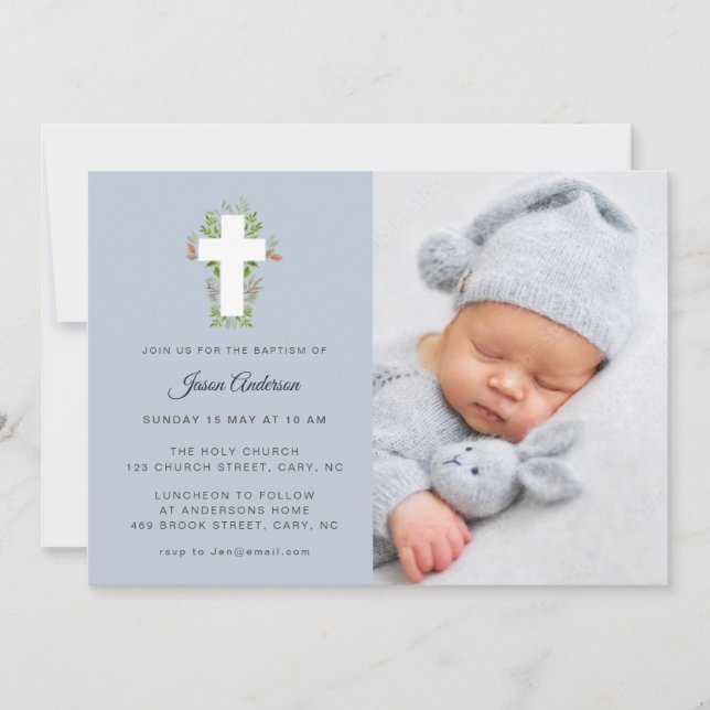 Convites Batismo Floral Azul e Branco (Frente)