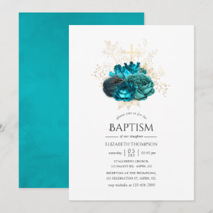 Convites Batismo Floral Azul e Dourado