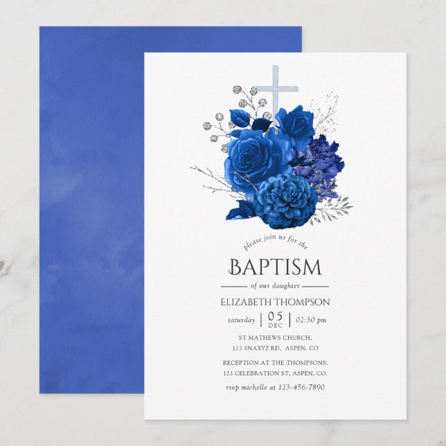 Convites Batismo Floral Azul Real e Prata (Frente/Verso)