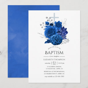 Convites Batismo Floral Azul Real e Prata