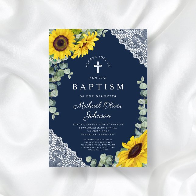 Convites Batismo Floral Blue Marinho Elegante (Elegant Navy Blue Floral Cross Boy Baptism Invitation)