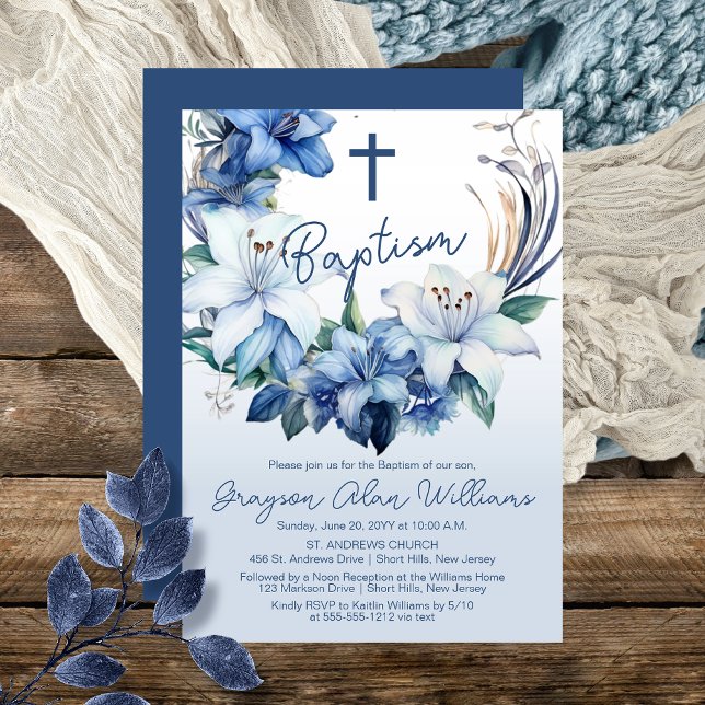 Convites Batismo Floral Blue Winter Elegante (Elegant Blue Winter Floral Boy Baptism Invitation)