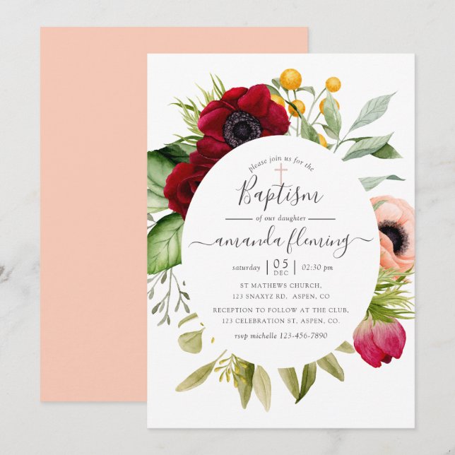 Convites Batismo Floral Boho com Aquarela (Frente/Verso)