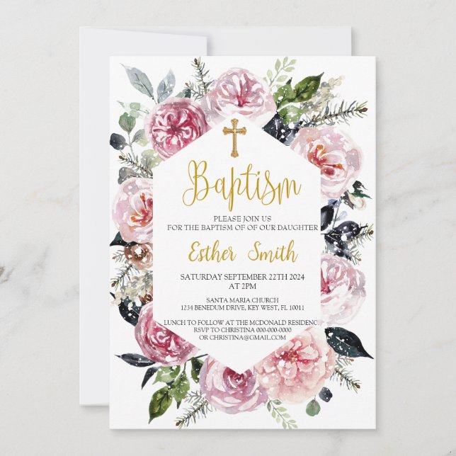 Convites Batismo Floral Bonito e Elegante (Frente)