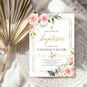 Convites Batismo floral branco boêmico cor-de-rosa