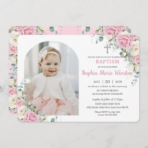 Convites Batismo Floral Branco Cor-de-rosa Foto do Arco de