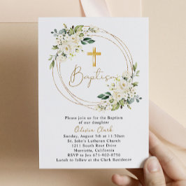 Convites Batismo Floral Branco Criando Quadro Dourado
