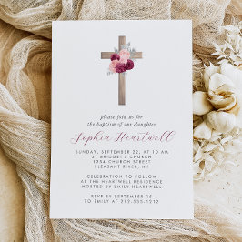 Convites Batismo Floral Burgundy Blush Cross Girl