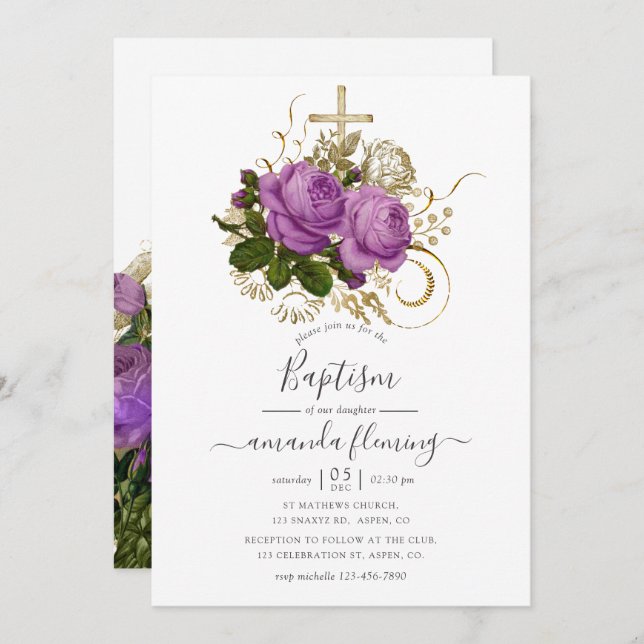 Convites Batismo Floral Chic Roxo e Dourado (Frente/Verso)