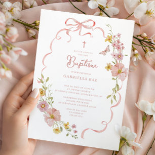 Convites Batismo Floral com Laço Rosado
