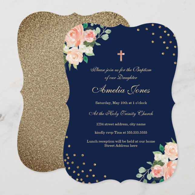 Convites Batismo Floral Confetti Dourado marinho (Frente/Verso)