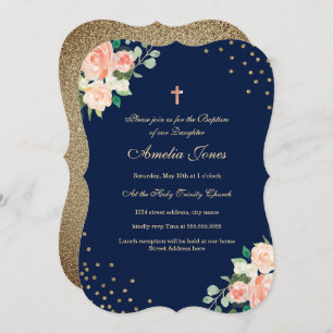 Convites Batismo Floral Confetti Dourado marinho
