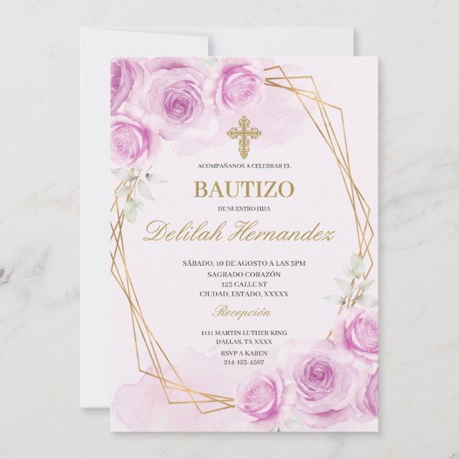 Convites Batismo floral cor-de-rosa branco espanhol (Frente)