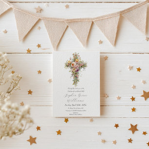 Convites Batismo Floral Cross Elegante