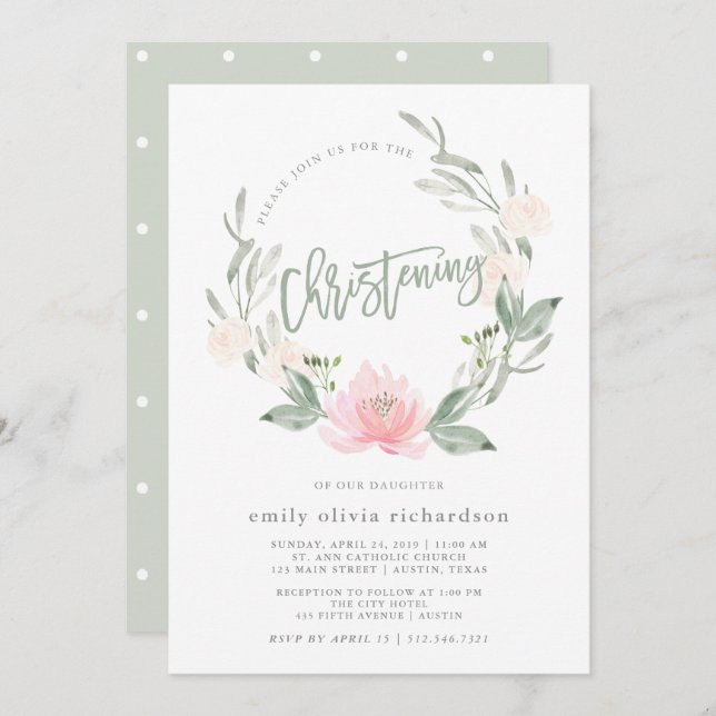 Convites Batismo floral da aguarela da grinalda | do (Frente/Verso)