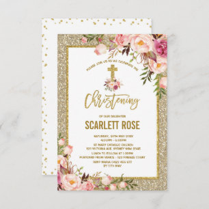 Convites Batismo floral da menina da aguarela Dourado do