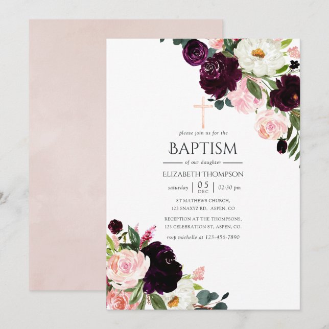 Convites Batismo Floral de Ameixa Borgonha e Rosa Pálido (Frente/Verso)