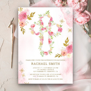 Convites Batismo Floral de Aquarela em Rosa Bege e Dourado